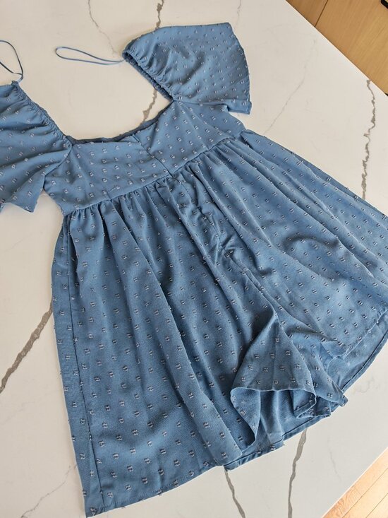 Altard State Blue Swiss Dot Romper Flutter Sleeve Boho Mini Dress Size L - Picture 14 of 15